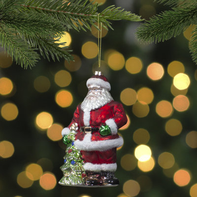 5.5" Classic Red Santa with Tree Hanging Glass Christmas Ornament