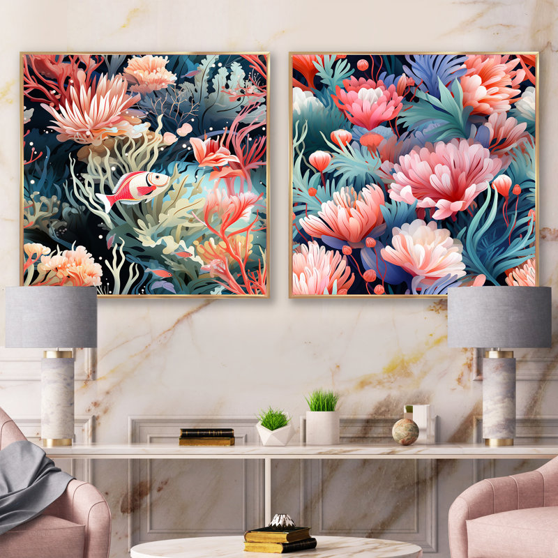 Roseman - Ensemble de 2 collages nautiques et côtiers carrés, H 16 po x l 33 po, Cadre flottant doré