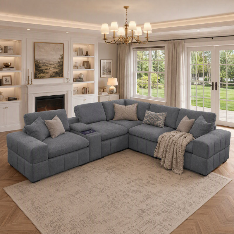Canapé modulaire de 6 pièces avec console 124 chargeurs, rangement et porte-gobelets de 124,1 po USB, Polyester gris foncé