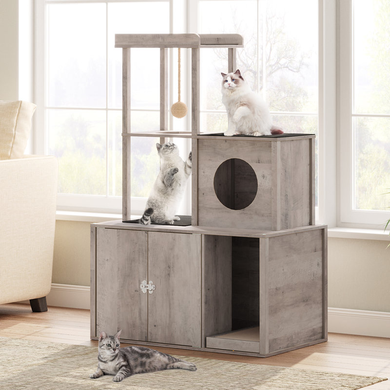 Cat Tree Hidden Cat Litter Box Furniture With Condo And Plush Ball, Gray