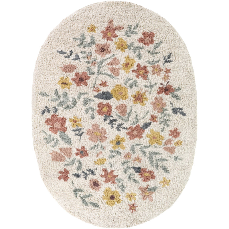Coral/Green Kids Tossed Floral Oval Area Rug, 6'7" x 9' Oval