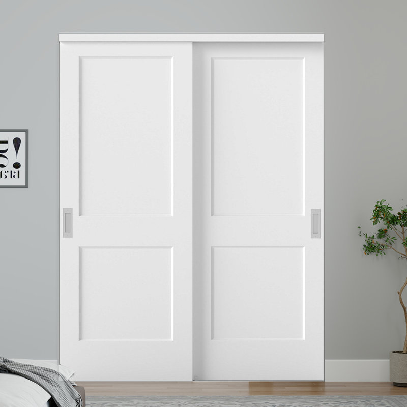 Portes de placard coulissantes 60 po x 80 po à 2 panneaux lisses et blanches avec trousse d'installation et quincaillerie d'installation en nickel satiné