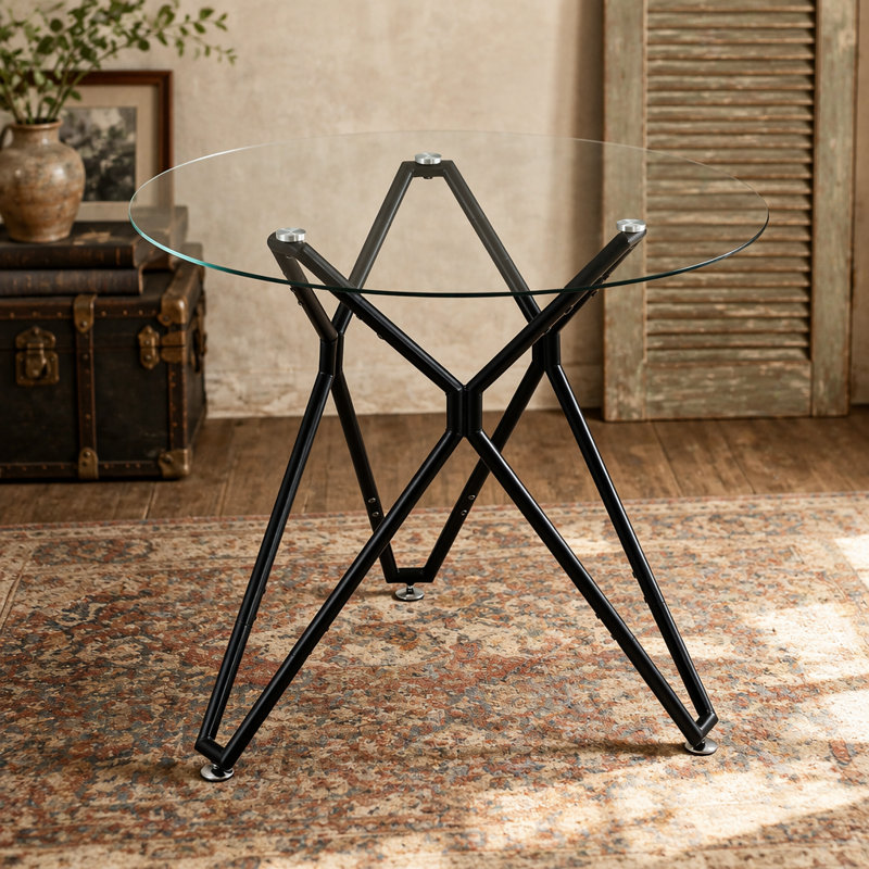 Table de salle à manger ronde en verre trempé de 35,4 pouces, convenant à 1 à 4 personnes, petite table de salle à manger de cuisine peu encombrante, équipée de pieds en métal robustes, convenant à la salle à manger, au salon, en noir