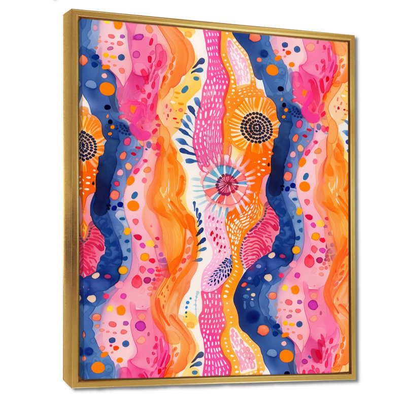 Rose et orange abstrait Boho Landscape III - impression d'art bohème, Cadre flottant doré, H 30 po x l 40 po