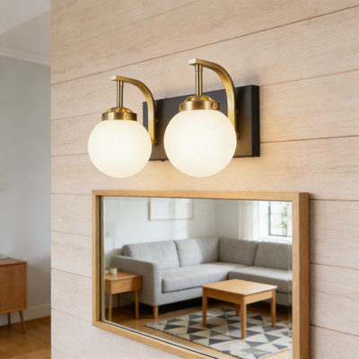 Modern Bathroom Vanity Light Fixture With Sand Black Gold Finish, 2-Light Wall Sconce For Over Mirror Lighting, Milky Glass Shades And Adjustable Arms