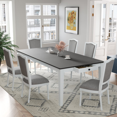 Rustic 7-Piece 78.1Inch Extendable Dining Table Set With 18Inch Removable Leaf, 6 Upholstered Dining Chairs, 2 Built-In Drawers, Dark Gray+White