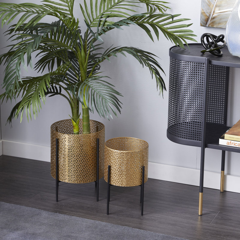 Gold Floral Cutout Metal Cylinder Planters with Stands, Set of 2