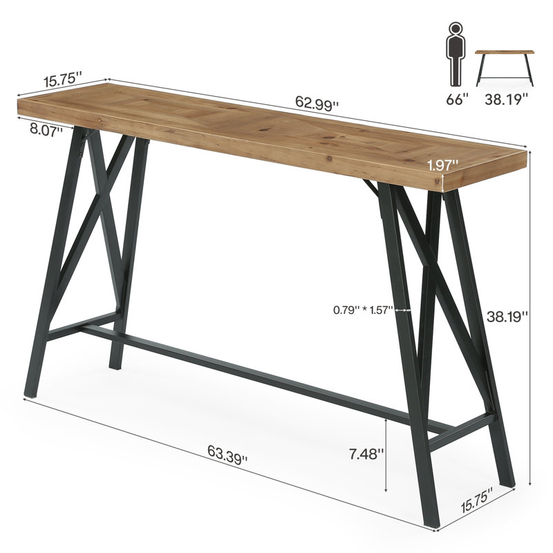 Table de bar industrielle en bois massif, table de pub de 63 po de long