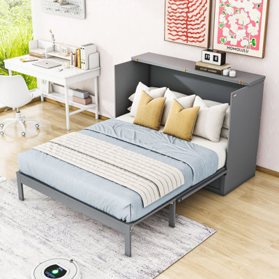 Lit escamotable à cadre en bois avec tiroir et port USB Murphy