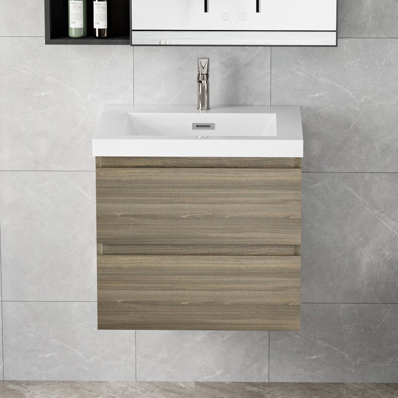Meuble-lavabo mural simple 23,6 po avec plateau en résine Stone Carol-Ann, Gris cendre, Blanc