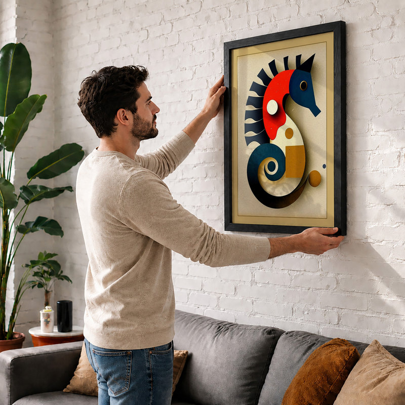 Geometric Seahorse Art Deco - Print, A2 - 59.4 x 42.0 cm, Black