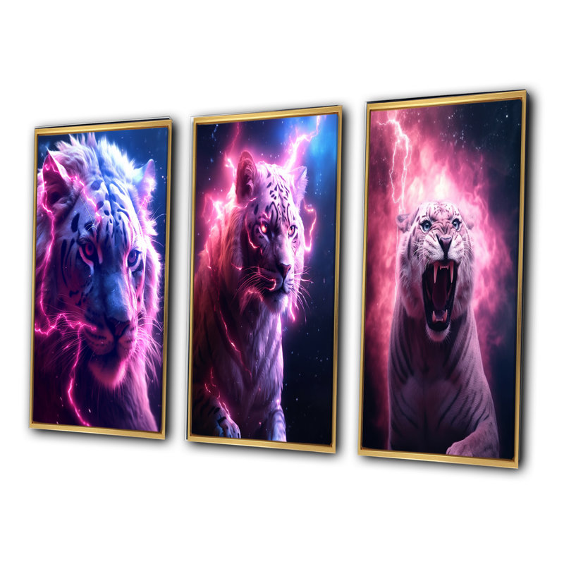 «Pink Lightening WIld Tiger», 3 pièces sur toile, Encadrement doré, H 28 po x l 36 po