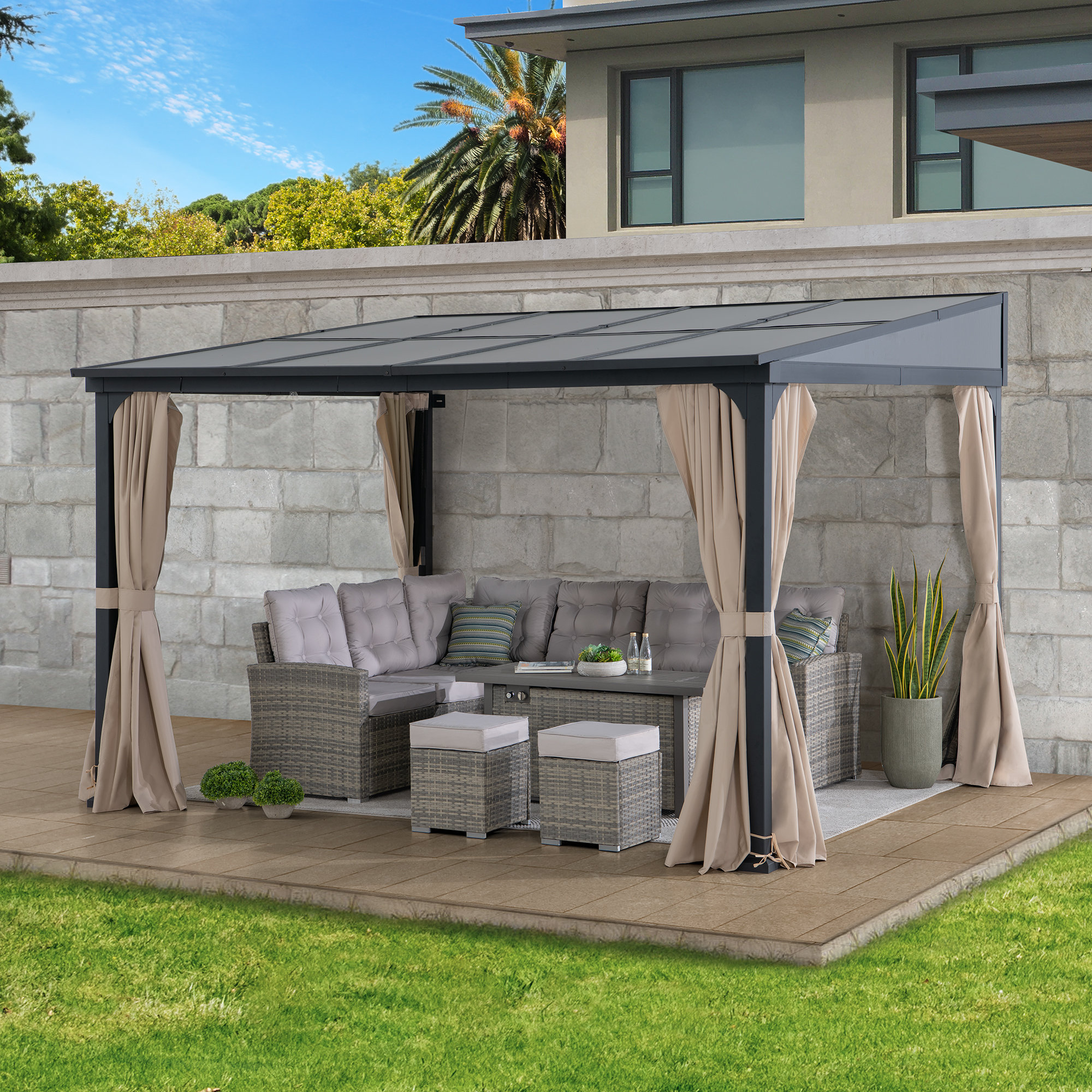 Sunjoy 10 x 12 ft Wall Mounted Gazebo with Polycarbonate Roof, Black Aluminum & Metal Frame Lean