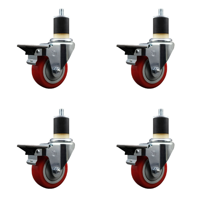 Ensemble de roulettes extensibles en poly pivotant avec frein SCC PLB 3,5 po x 1-7 / 8 po, Rouge