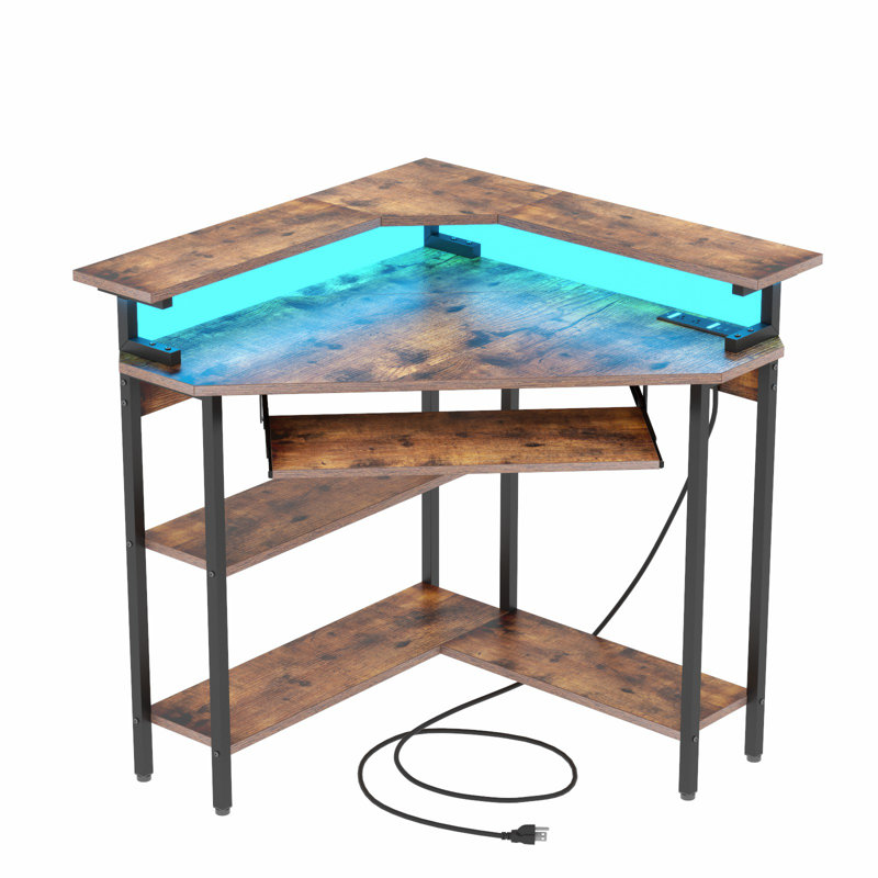 Fitnat Corner Desk with Power Outlet, LED Triangle Corner Desk with Storage for Small Space, Brown/Black
