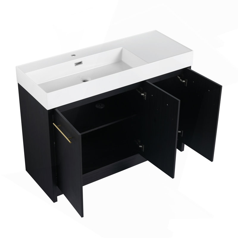 48" Freestanding Bathroom Vanity with White Resin Sink & 3 Soft-Close Cabinet Doors, Black