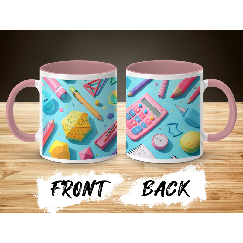 Kids Drawing Style 11oz Accent Mugs – Ceramic Coffee Cup with a Pink Handle and Interior