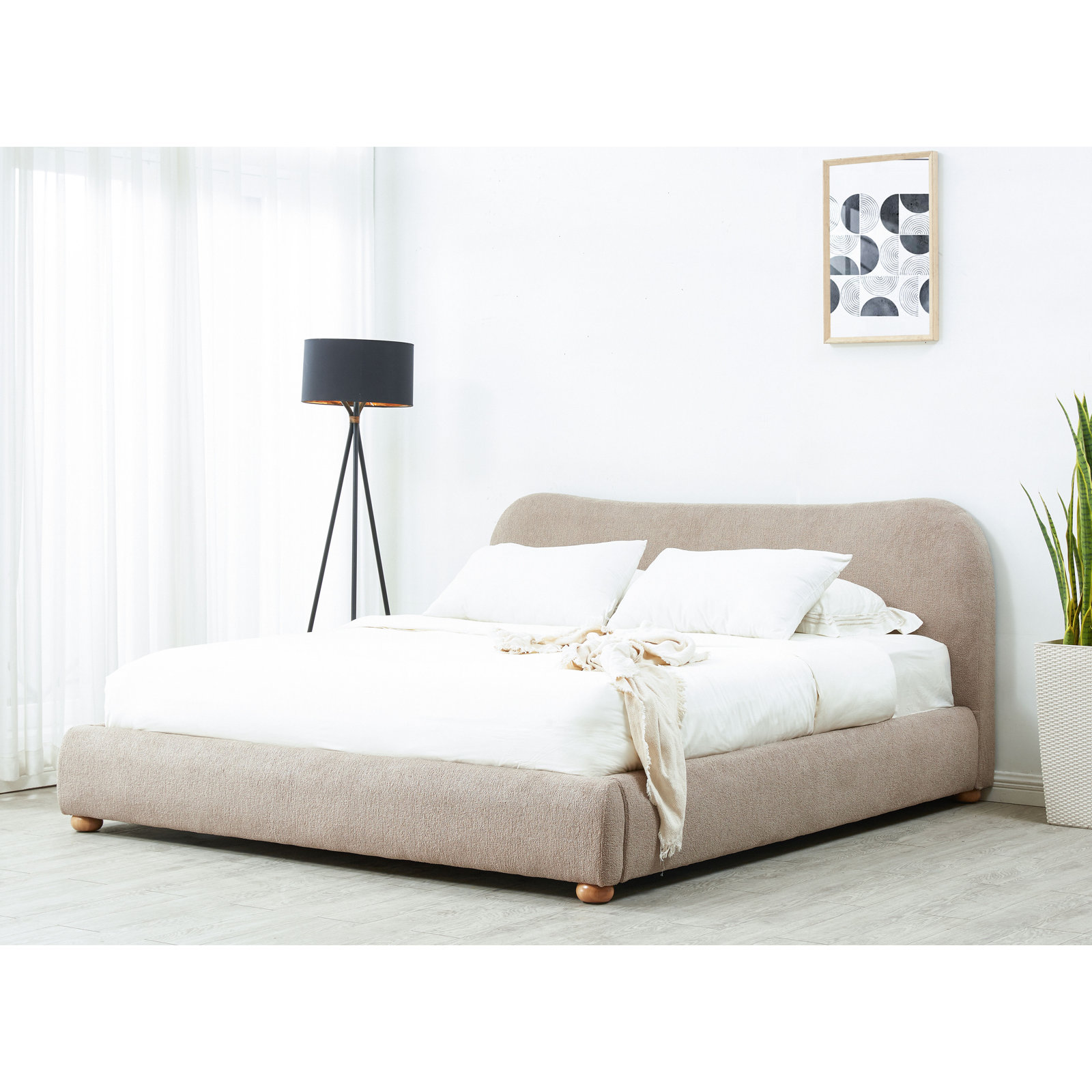 Liza Upholstered Bed, King, Light Brown Boucle