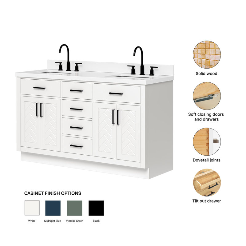 Meuble-lavabo double rectangulaire à chevrons 61 po avec comptoir en quartz blanc pur 1,5 po Chevron, Rectangulaire, Blanc