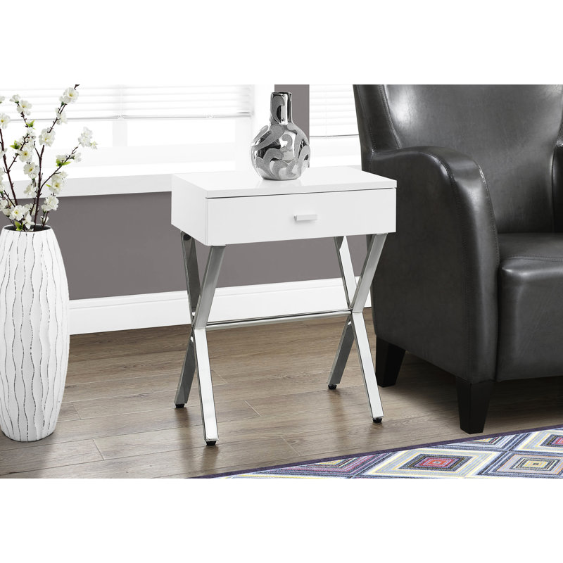Élégante table en stratifié blanc brillant avec détails en métal et tiroir de rangement pour les espaces de vie