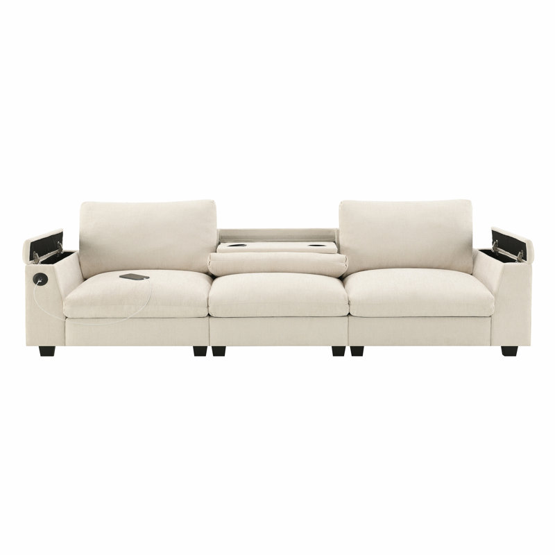 Sectional Sofa with Bluetooth Speaker, Comfy Cloud Couch Set with Drop Down Table, Cup Holders, USB Charger, Beige Chenille