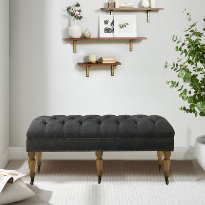 Upholstered Polyester Tufted Top with Nailhead Rectangular Bench for Living Room Footrest Bedroom Entryway, Small