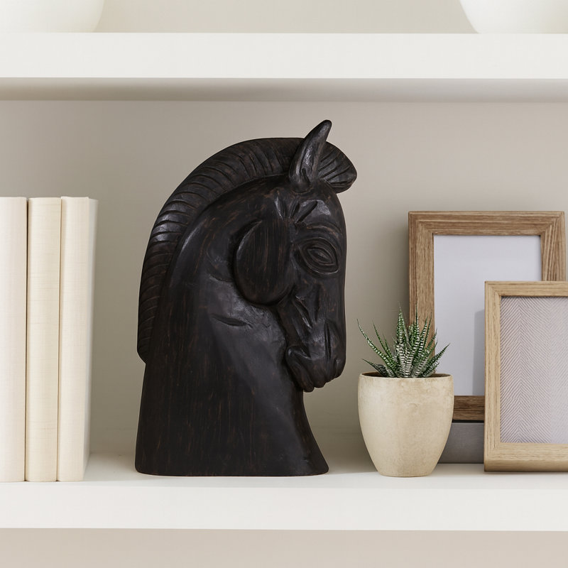Objets décoratifs en bois pour la cuisine et la maison - Sculpture de tête de cheval de Troie et figurine pour les décorations de salon - Statues de table rustiques et décorations pour tablette, console ou manteau de cheminée - 16 po, noir