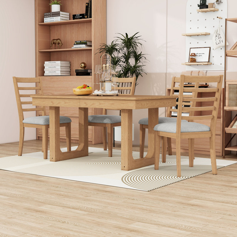 Ensemble de table de salle à manger extensible 5 pièces avec rallonge amovible et 4 chaises rembourrées Farmhouse, Naturel