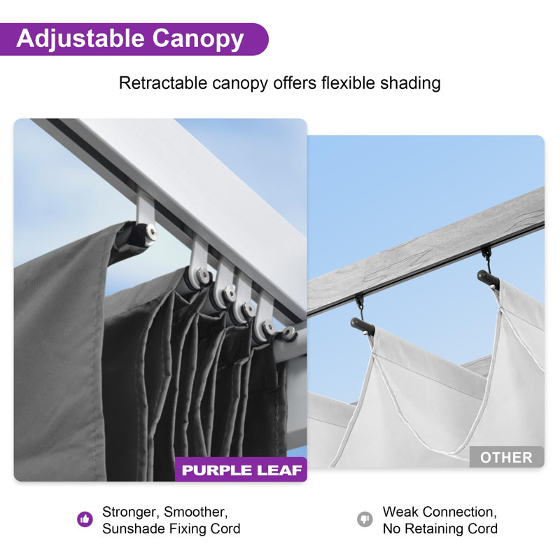 PURPLE LEAF 10' X 10' Outdoor Retractable Pergola with Sun Shade Canopy Cover White Patio Metal Shelter for Garden Porch Yard BBQ Beach Gazebo Grape Trellis Pergola, Gray