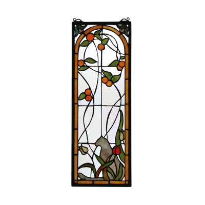Tiffany Cat and Tulips Stained Glass Window