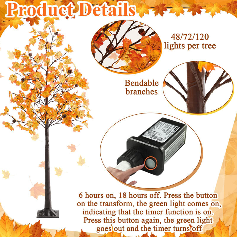 6FT/5FT/4FT Lighted Maple Trees 240LEDs Artificial Fall Trees with Lights Plug,3 Pack