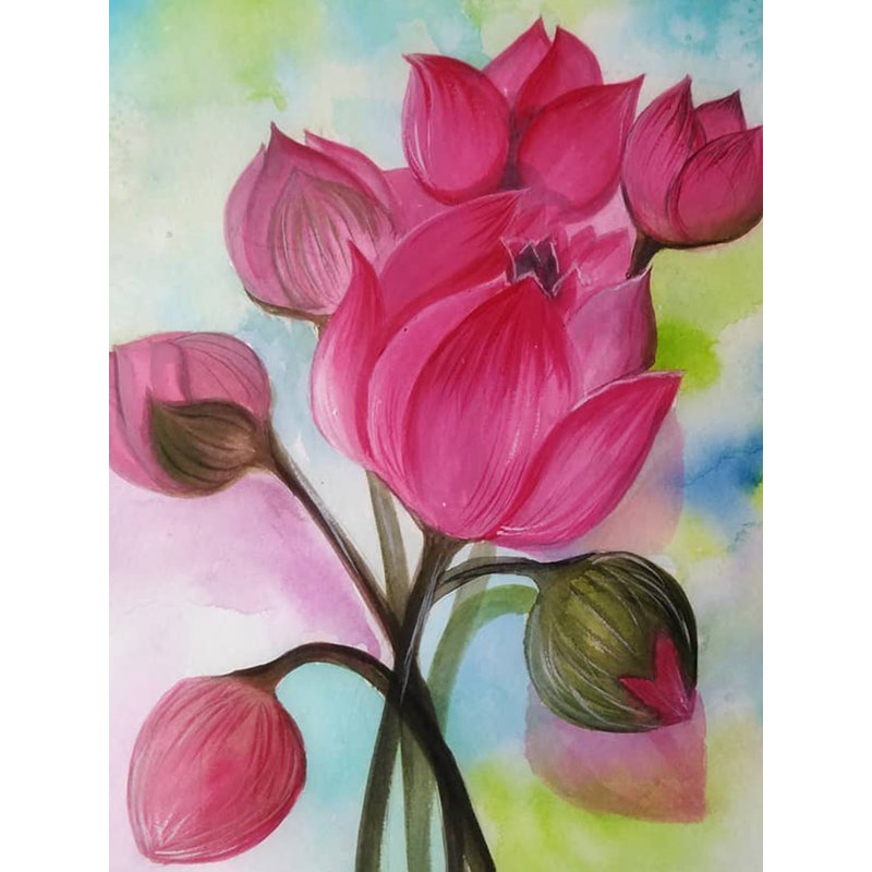 Bouquet de lotus en fleurs | Aquarelle sur papier | Par Sajan Dhal