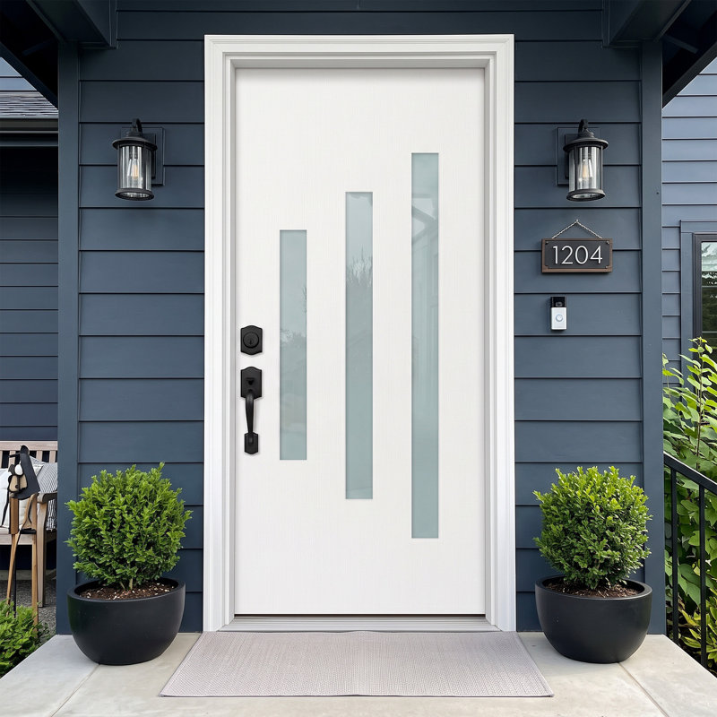 36" x 80" 3-Lite Fiberglass Front Entry Door with Door Frame Inswing Exterior Door with Frosted Glass, 6-9/16" Jamb, Right Hand/Left Hand, Handle Not Included