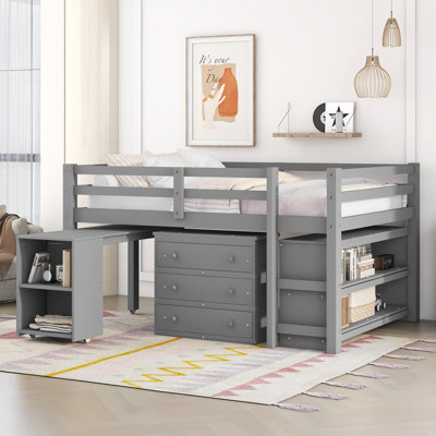 Lit mezzanine double bas avec cabinet, tablettes et bureau portatif à roulettes, lit multifonctionnel