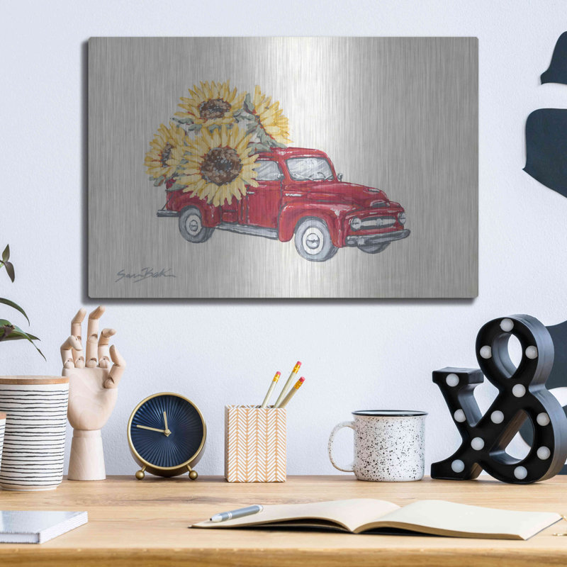 «Sunflower Farm Truck» par Sara Baker, art mural en métal, H 12 po x l 16 po
