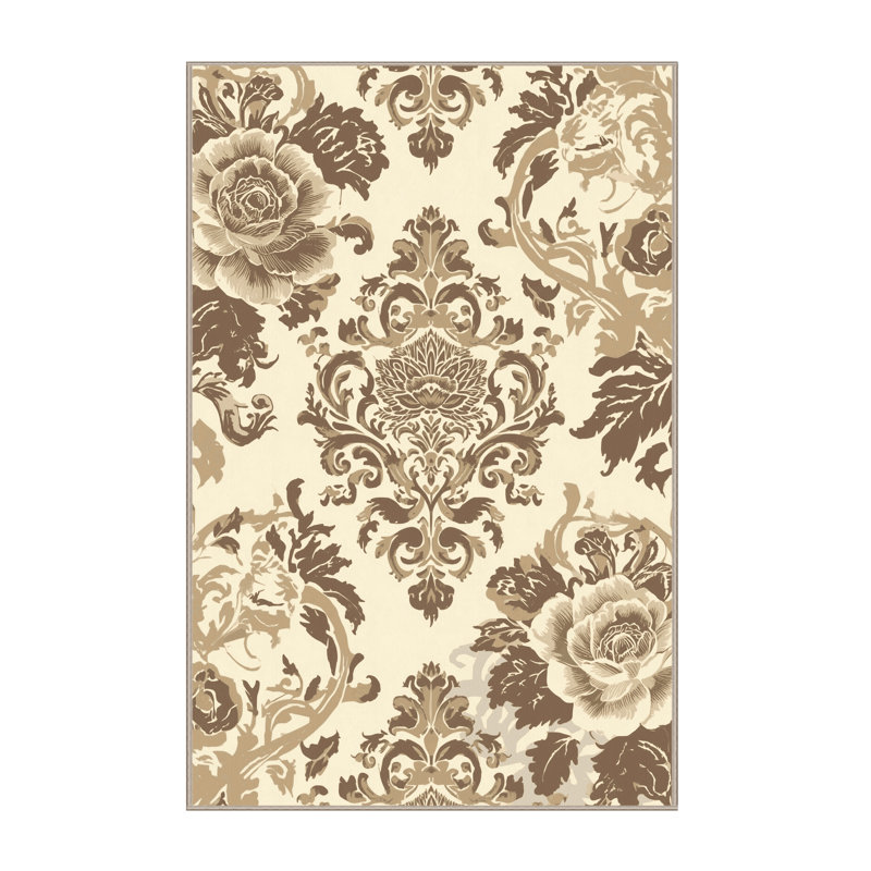 Machine Washable Ottoline Traditional Damask Rug in Beige – Beige Binding, 4 x 6