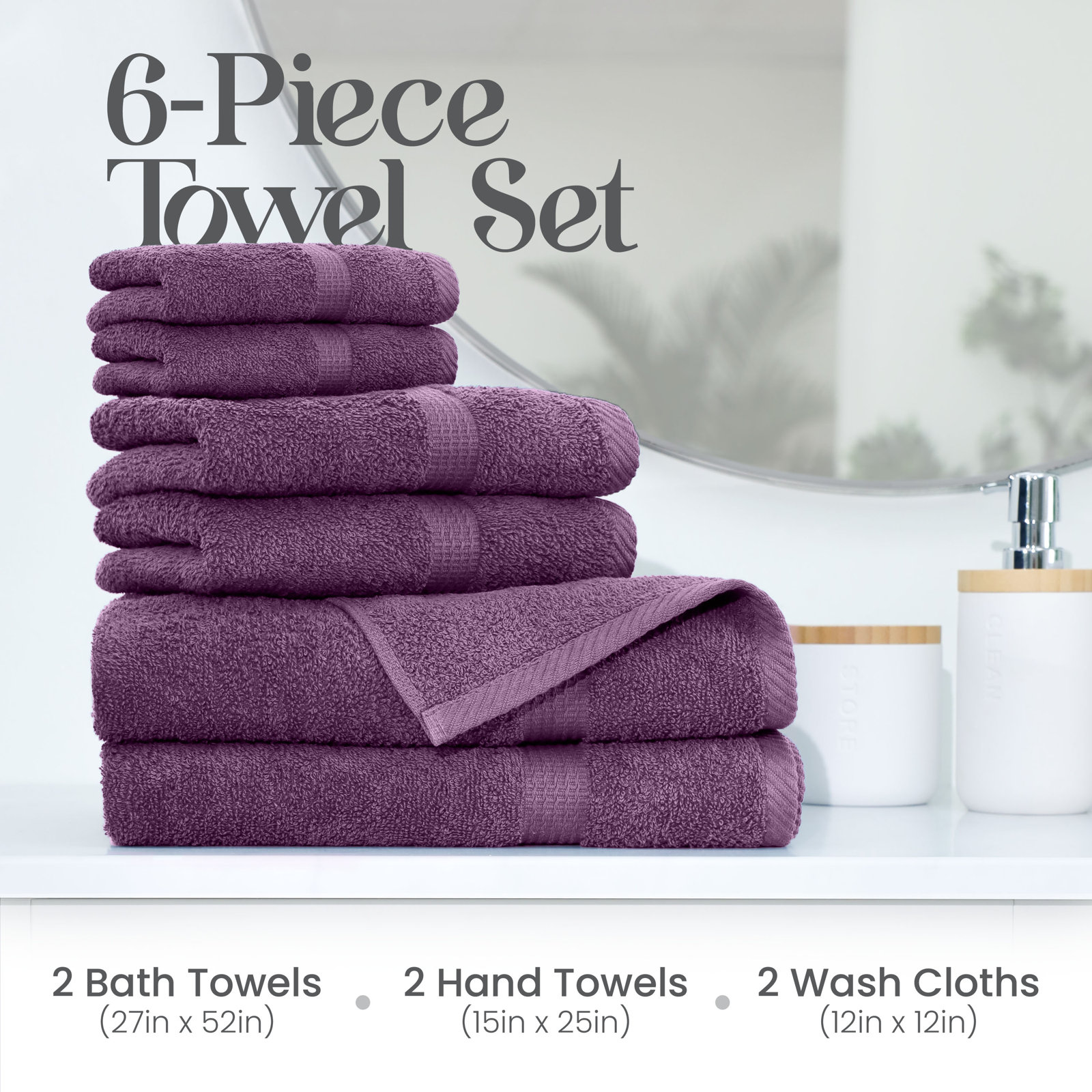 Essentials 6-Piece Bath Towel Set, Plum Purple
