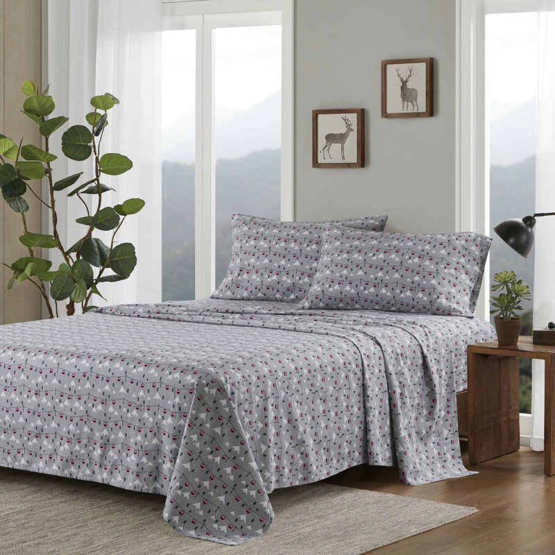 100% Cotton Flannel 4 Pcs Queen Grey Ski Jump Sheet , Soft Velvet From Double - Brushing, , Elasticized Fitted, Machine Washable Softness Washable, Comes With 1 Flat, 2 Pillowcases