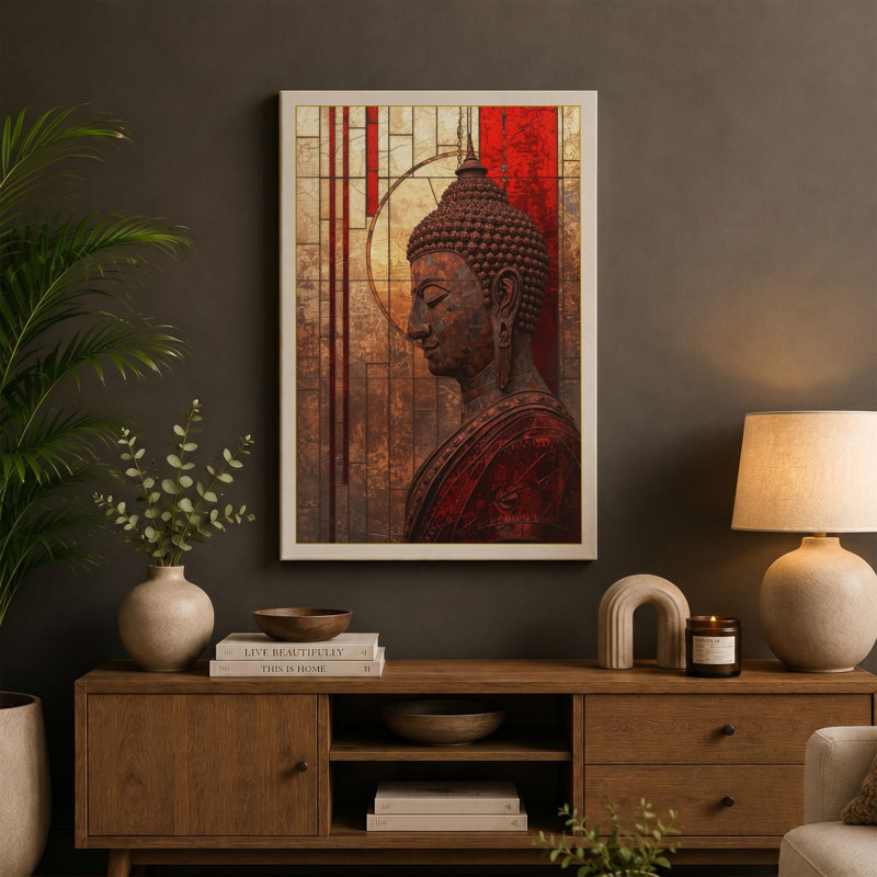 Buddha in Contemplation Japandi - Wrapped Canvas, 18x12 - 45.7 x 30.5 cm, Black Border