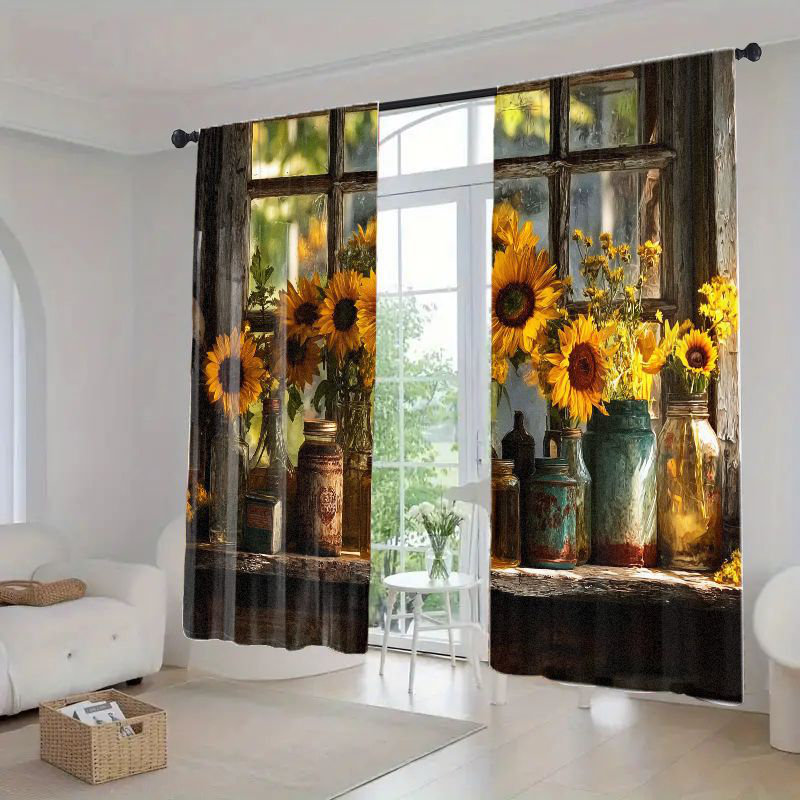 2Pcs Sunflower Window Curtain Rustic Farmhouse Decor Vintage Bottle Floral Print Curtains Rod Pocket Panels for Living Room Kitchen Bedroom Treatment Light Filtering Drapes
