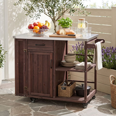 Outdoor Kitchen Island Cart with Stainless Steel Worktop, Lockable Wheels, Drawer, Cabinet and Open Shelves