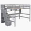 Lit mezzanine double en bois massif gris avec bureau, tablettes de rangement et escalier