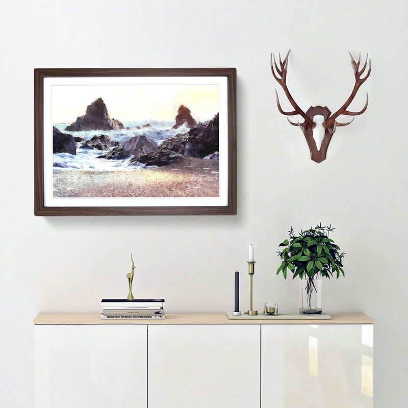 Ocean Crashing Against Rocks - Picture Frame Graphic Art Print, 62cm H x 87cm W x 2cm D, Walnut Framed