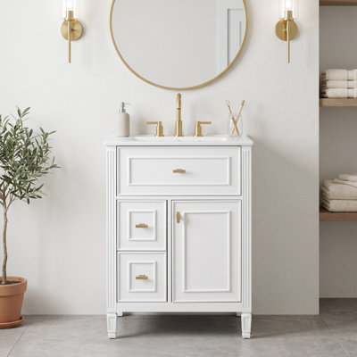 Meuble-lavabo moderne autoportant de 61 cm (24 po) avec lavabo simple en céramique intégrée, 1 tiroir supérieur inclinable, 2 tiroirs standards, structure en bois massif et MDF avec étagères réglables.