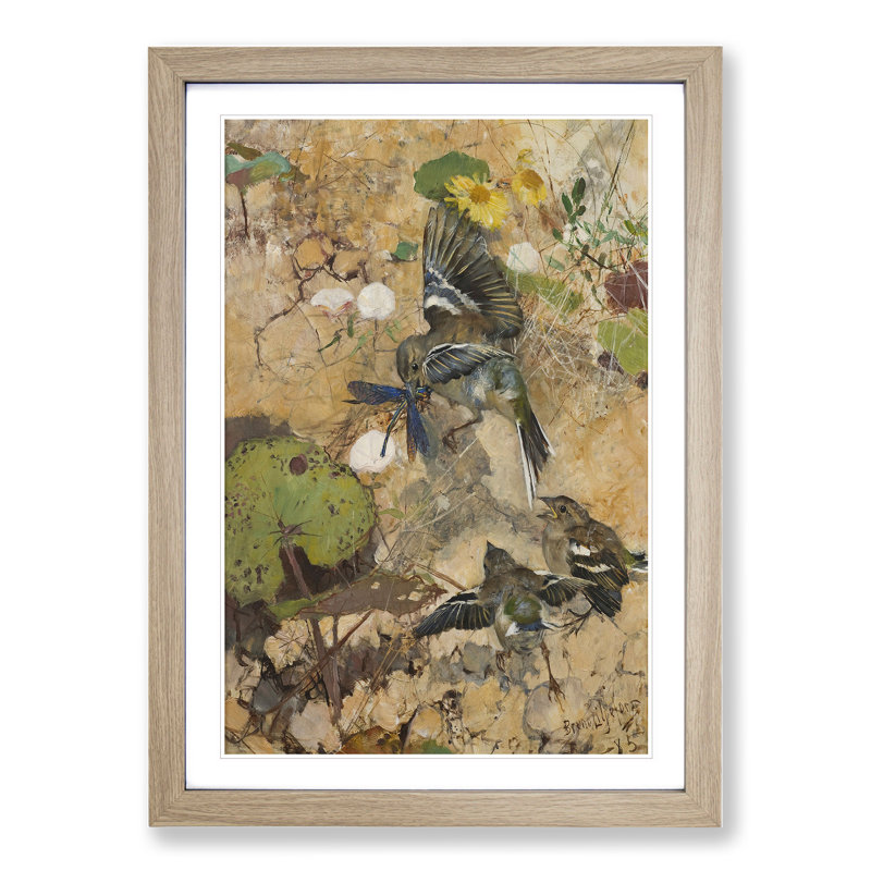 Birds and Dragonflies by Bruno Liljefors - Picture Frame Graphic Art, 90cm H x 65cm W x 2cm D, Oak