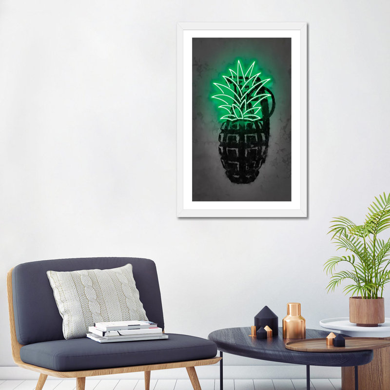 Impression d’art graphique, "Pineapple" par Octavio Mielu, H 32 po x l 24 po x P 1 po, Papier encadré blanc, Blanc