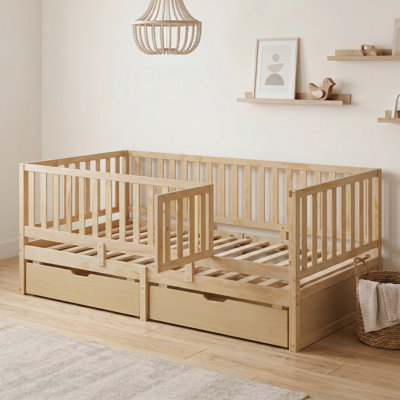 Twin Montessori Wood Kids Bed, High Guardrails, 2 Storage Drawers, Convertible Floor Daybed, Natural