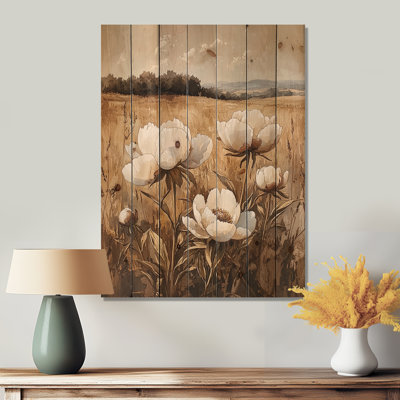 Pivoines le long de la campagne III - Décoration murale en bois de pivoines - sur bois de pin naturel