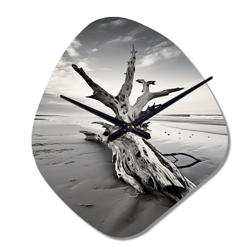 Musat Beach Driftwood Photo III - horloge de plage asymétrique en métal, horloge murale grise, Grand