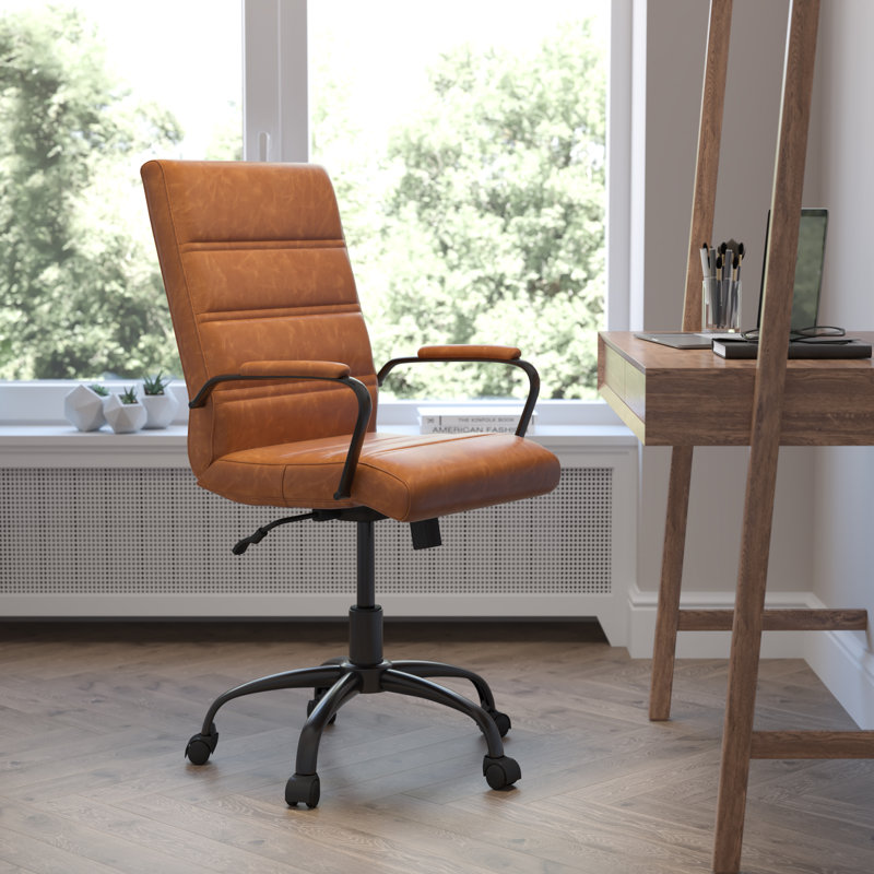 Chaise de bureau pivotante à dossier moyen Whitney, Noir, Similicuir brun
